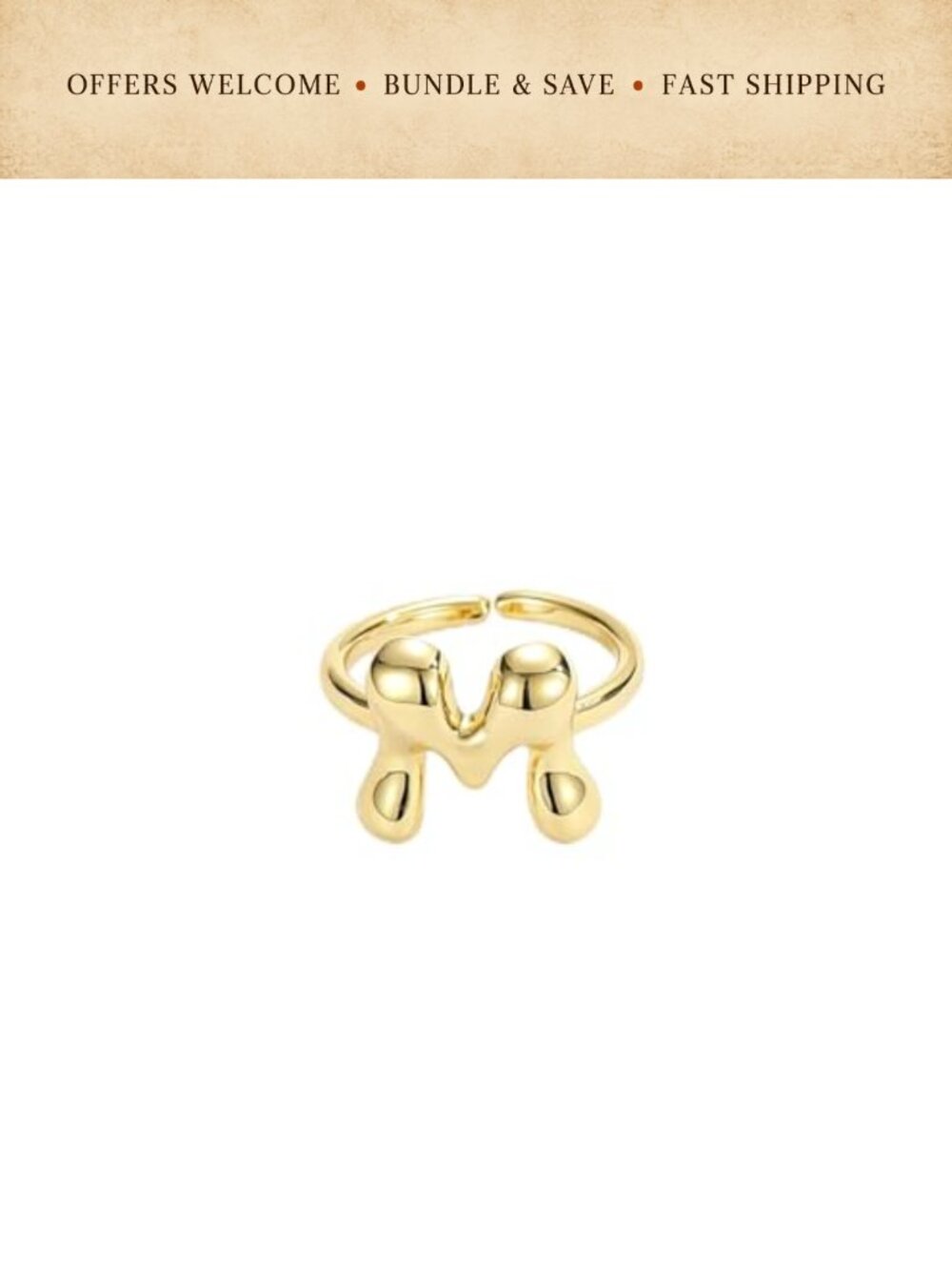 14K Gold Plated Initial Ring Chunky Adjustable Letter Ring Gift